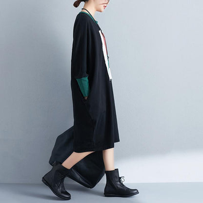 Women Long Sleeve Splicing Cartoon Applique Black Dress