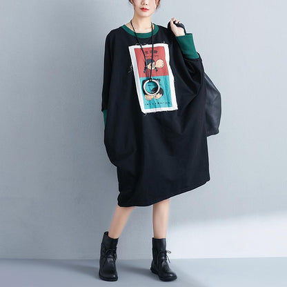 Women Long Sleeve Splicing Cartoon Applique Black Dress