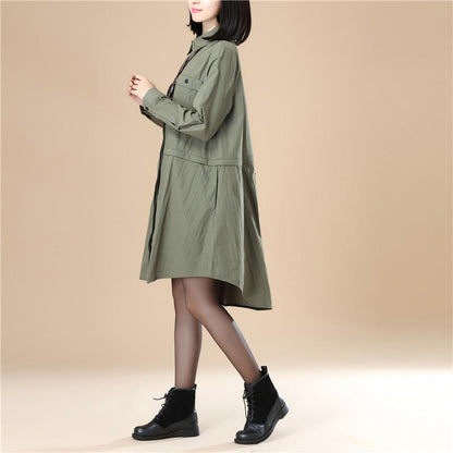 Chic Women Polo Collar Loose Elastic Band Army Green Shirt