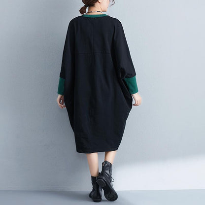 Women Long Sleeve Splicing Cartoon Applique Black Dress