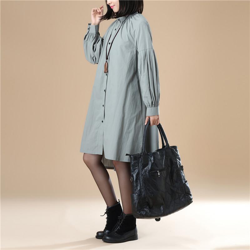 Autumn Women Casual Loose Split Puff Sleeves Green Shirt