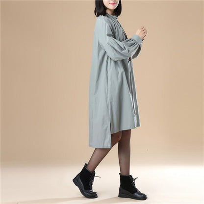 Autumn Women Casual Loose Split Puff Sleeves Green Shirt