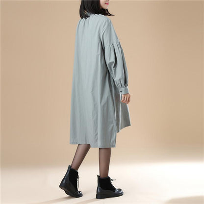 Autumn Women Casual Loose Split Puff Sleeves Green Shirt