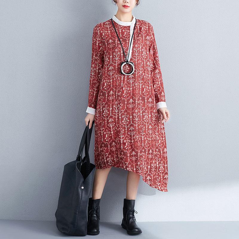 Printing Stand Collar Autumn Women Long Sleeve Red Dress