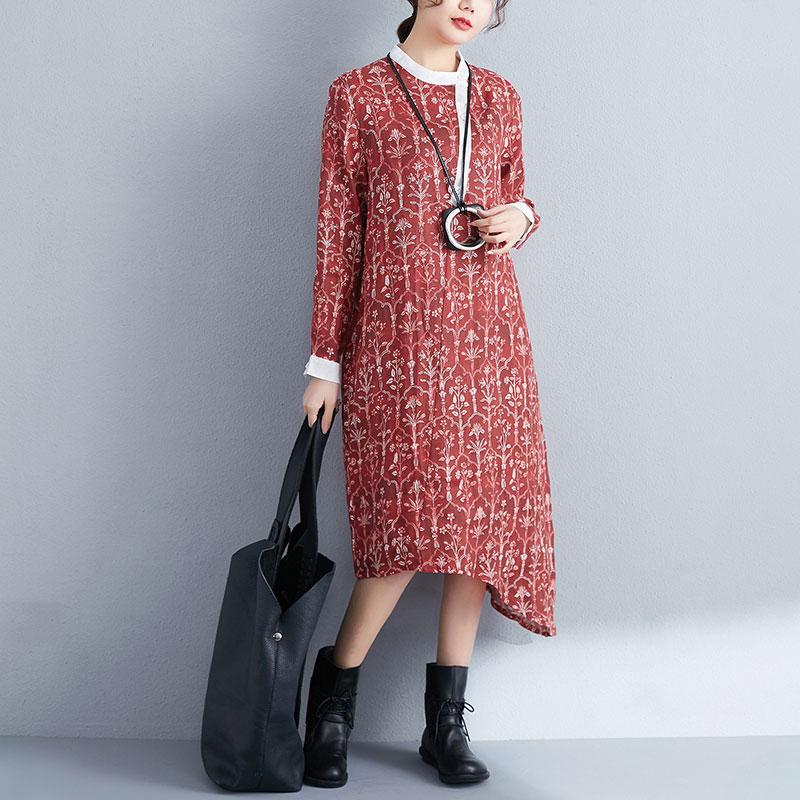 Printing Stand Collar Autumn Women Long Sleeve Red Dress