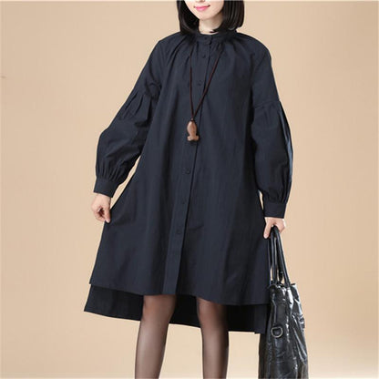 Autumn Women Casual Loose Split Puff Sleeves Black Dress