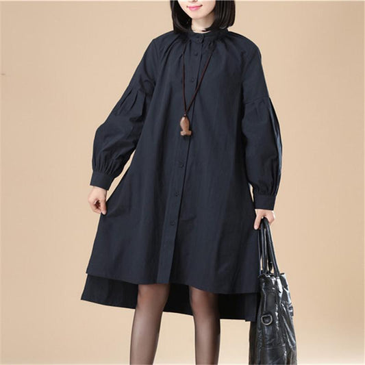 Autumn Women Casual Loose Split Puff Sleeves Black Dress