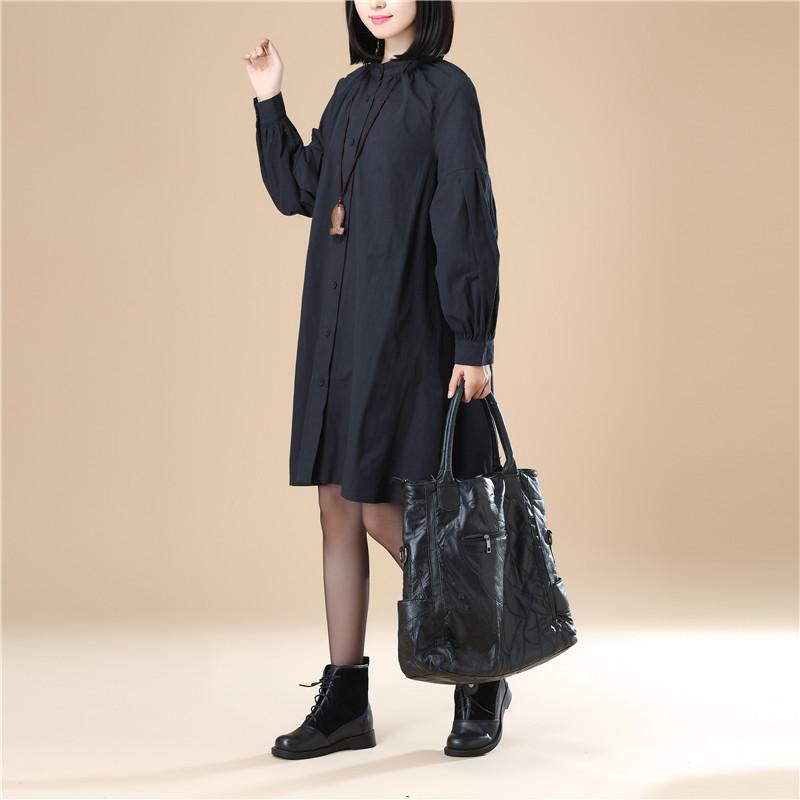 Autumn Women Casual Loose Split Puff Sleeves Black Dress