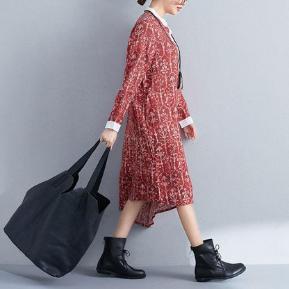 Printing Stand Collar Autumn Women Long Sleeve Red Dress