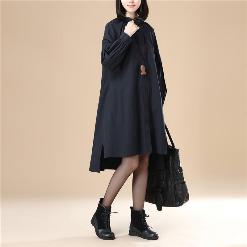 Autumn Women Casual Loose Split Puff Sleeves Black Dress