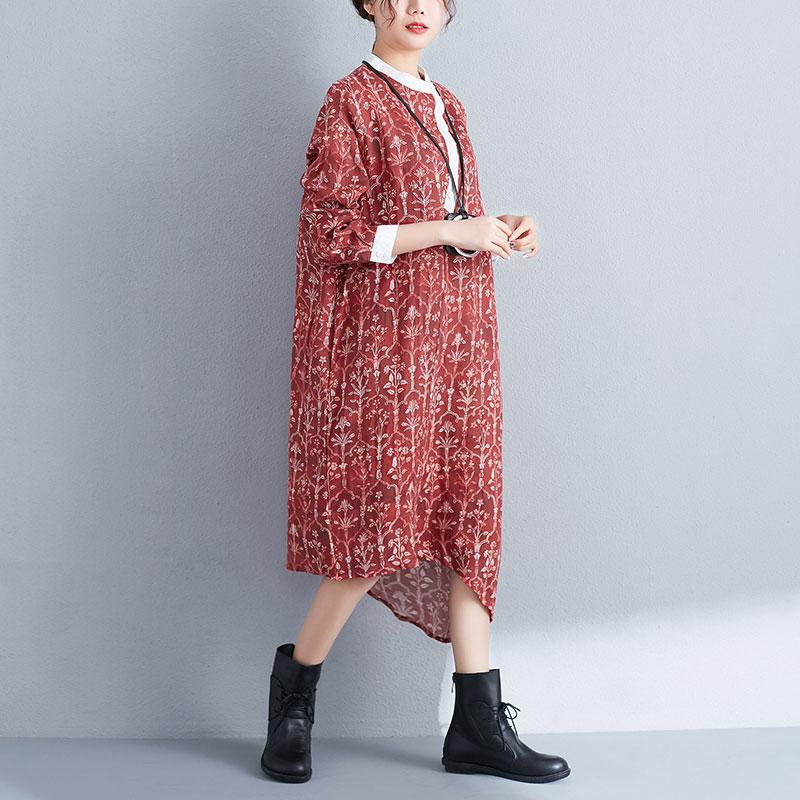 Printing Stand Collar Autumn Women Long Sleeve Red Dress