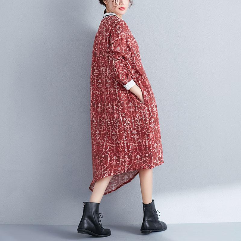 Printing Stand Collar Autumn Women Long Sleeve Red Dress
