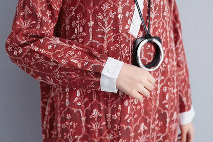 Printed Stand Collar Autumn Women Long Sleeve Red Dress