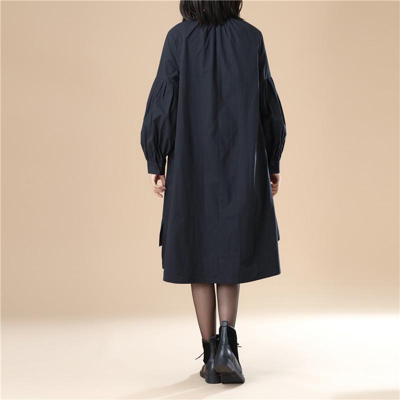Autumn Women Casual Loose Split Puff Sleeves Black Dress
