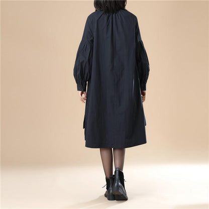 Autumn Women Casual Loose Split Puff Sleeves Black Dress