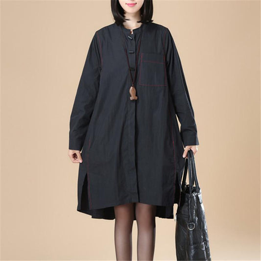 Stand Collar Cotton Chinlon Stylish Women Split Black Dress
