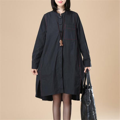 Stand Collar Cotton Chinlon Stylish Women Split Army Green Dress