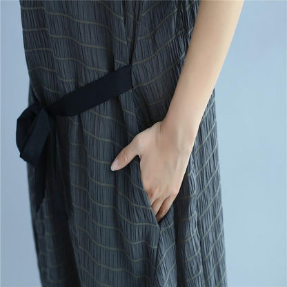 Lacing Women Stripe Summer Casual Splitting Black Dress