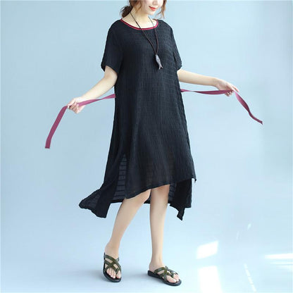 Lacing Women Stripe Summer Casual Splitting Black Dress