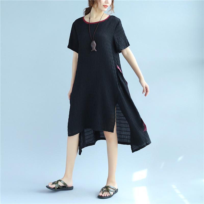 Lacing Women Stripe Summer Casual Splitting Black Dress
