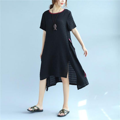 Lacing Women Stripe Summer Casual Splitting Black Dress