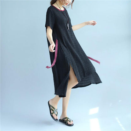 Lacing Women Stripe Summer Casual Splitting Black Dress