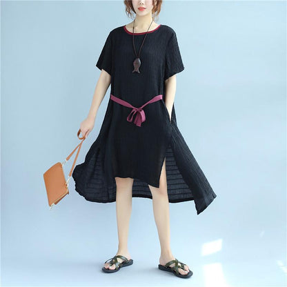 Lacing Women Stripe Summer Casual Splitting Black Dress