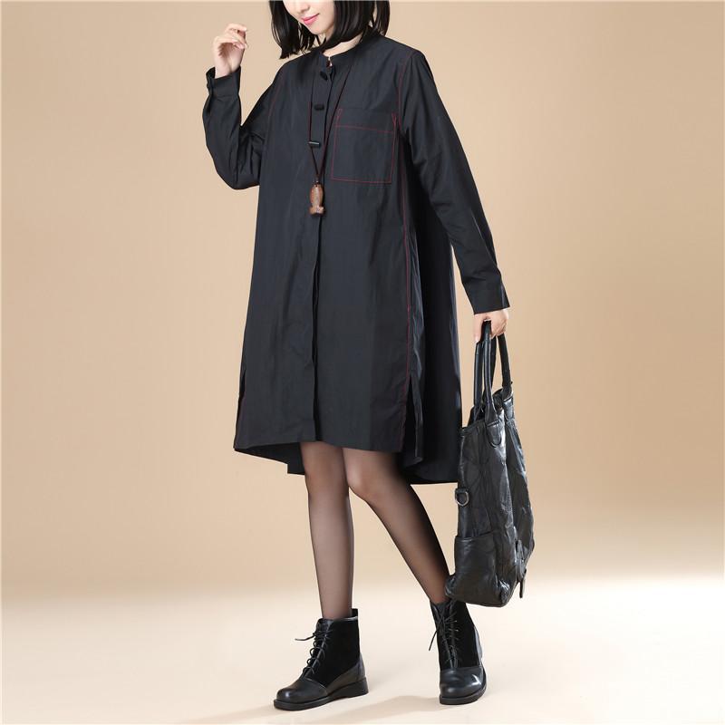 Stand Collar Cotton Chinlon Stylish Women Split Black Dress