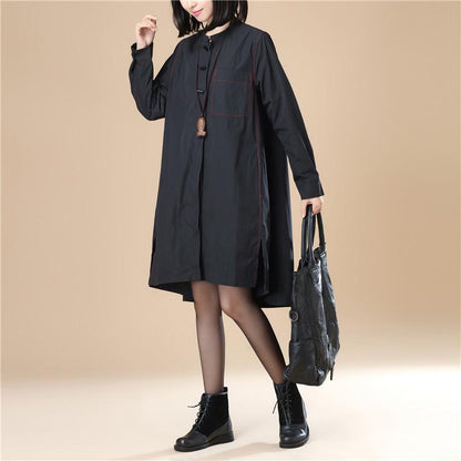 Stand Collar Cotton Chinlon Stylish Women Split Black Dress