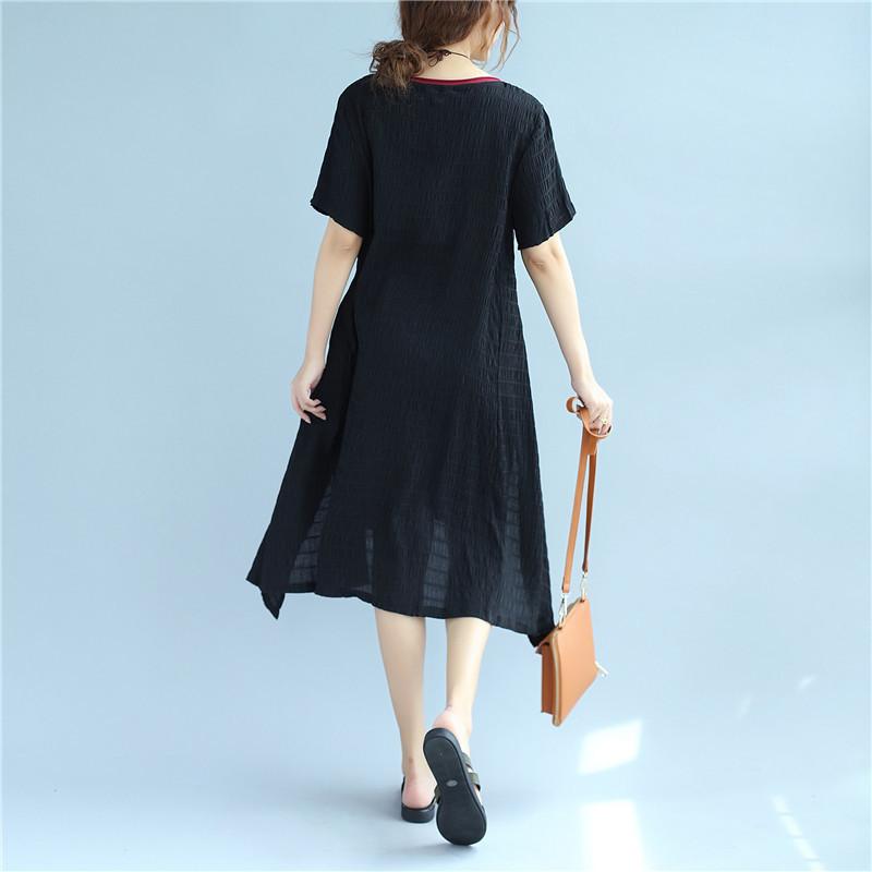 Lacing Women Stripe Summer Casual Splitting Black Dress