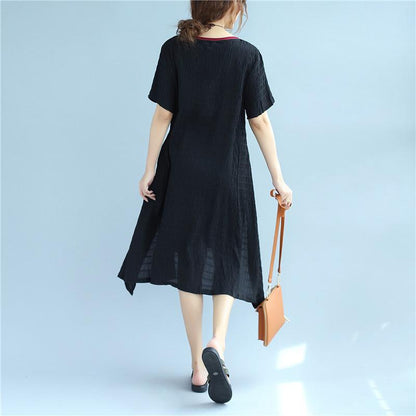 Lacing Women Stripe Summer Casual Splitting Black Dress