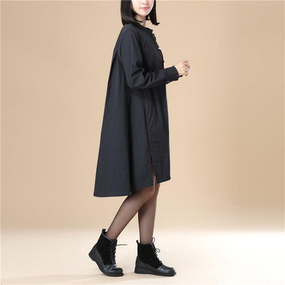 Stand Collar Cotton Chinlon Stylish Women Split Black Dress