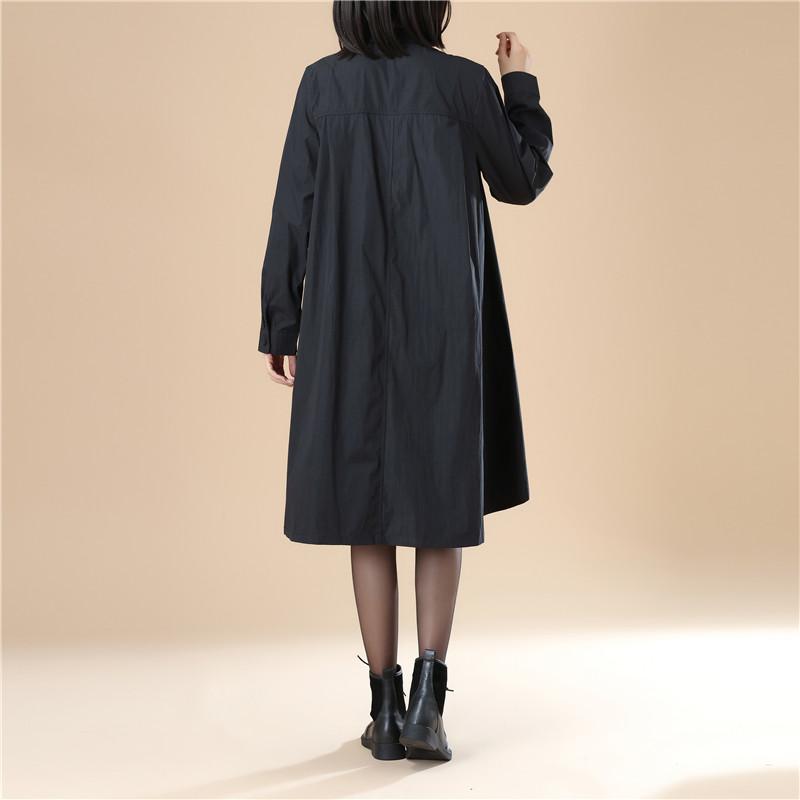 Stand Collar Cotton Chinlon Stylish Women Split Black Dress