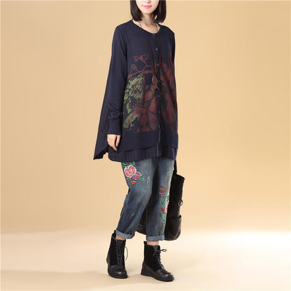 Casual Women Single Breasted Long Sleeve Navy Blue Printing Sweater
