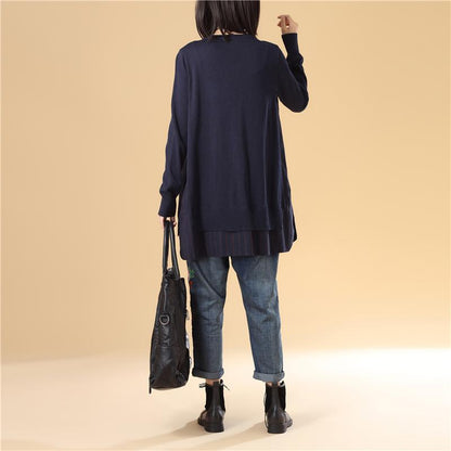 Casual Women Single Breasted Long Sleeve Navy Blue Printing Sweater
