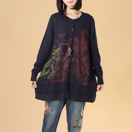 Casual Women Single Breasted Long Sleeve Navy Blue Printing Sweater