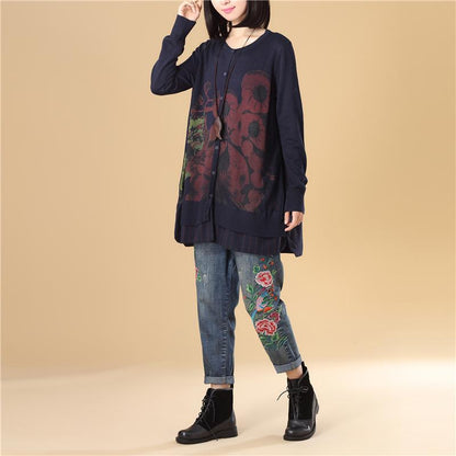 Casual Women Single Breasted Long Sleeve Navy Blue Printing Sweater