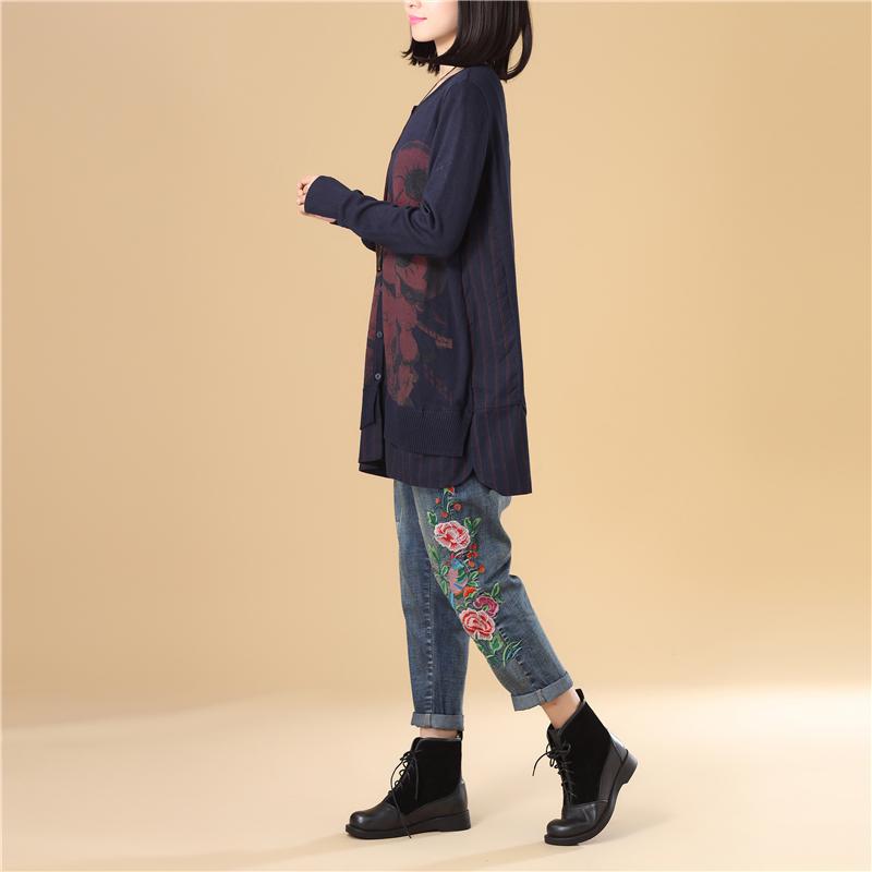 Casual Women Single Breasted Long Sleeve Navy Blue Printing Sweater