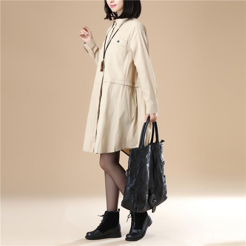 Chic Women Polo Collar Loose Elastic Band Khaki Shirt