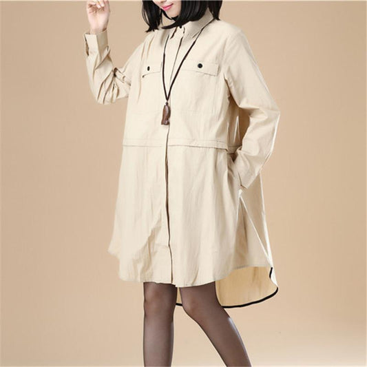 Chic Women Polo Collar Loose Elastic Band Khaki Shirt