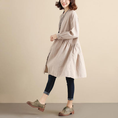 Splicing Pleated Literature Single Breasted Loose Beige Lattice Women Dress