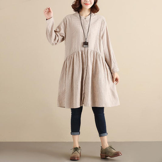 Splicing Pleated Literature Single Breasted Loose Beige Lattice Women Dress