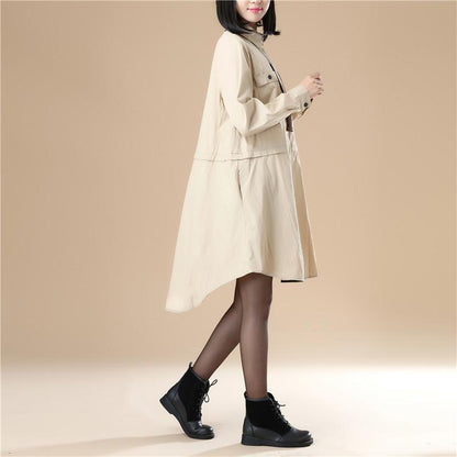 Chic Women Polo Collar Loose Elastic Band Khaki Shirt