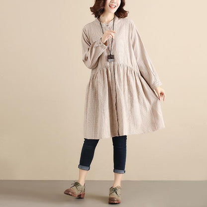 Splicing Pleated Literature Single Breasted Loose Beige Lattice Women Dress