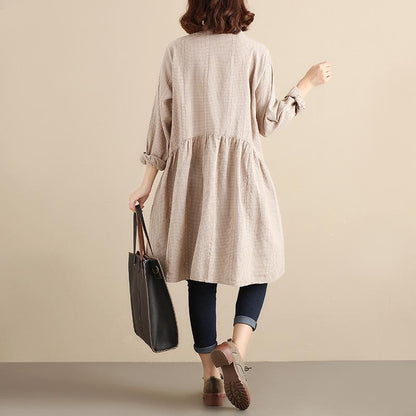 Splicing Pleated Literature Single Breasted Loose Beige Lattice Women Dress