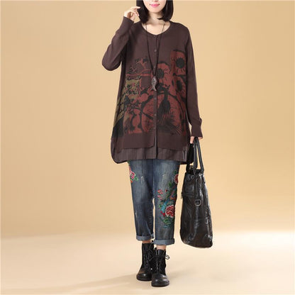 Casual Women Single Breasted Long Sleeve Coffee Printing Sweater