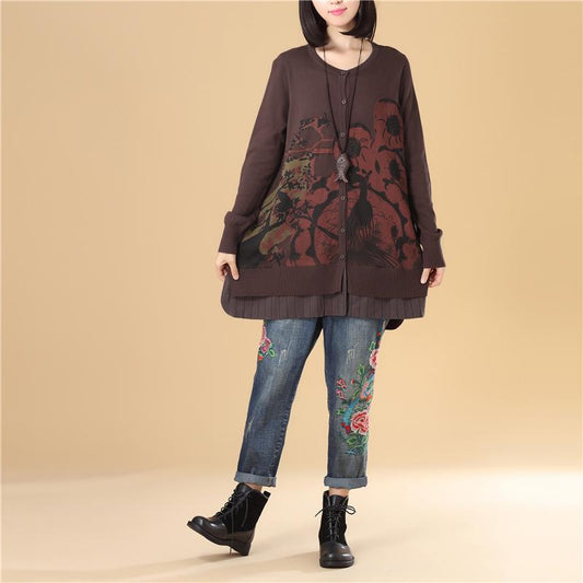 Casual Women Single Breasted Long Sleeve Coffee Printing Sweater