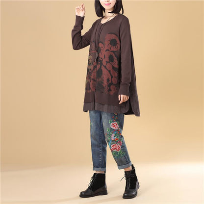 Casual Women Single Breasted Long Sleeve Coffee Printing Sweater