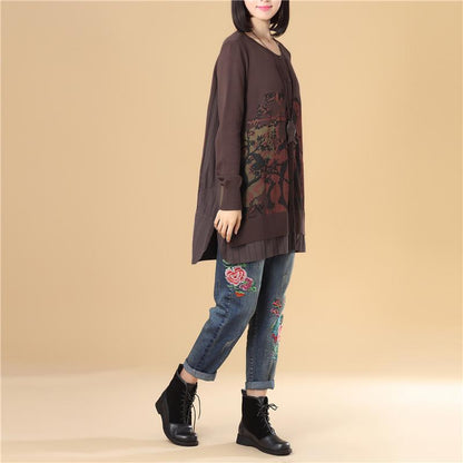 Casual Women Single Breasted Long Sleeve Coffee Printing Sweater