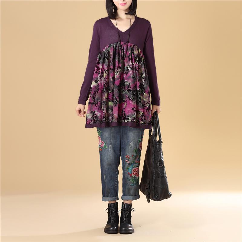 Women Autumn V Neck Long Sleeve Printed Sweater